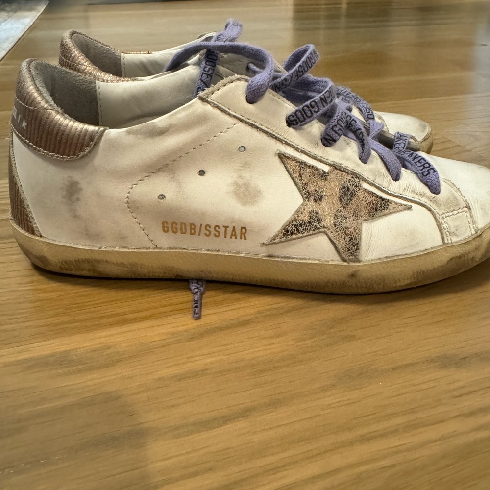 Golden Goose Super Stars with Leopard Suede Star and Gold Corduroy Heel Tab